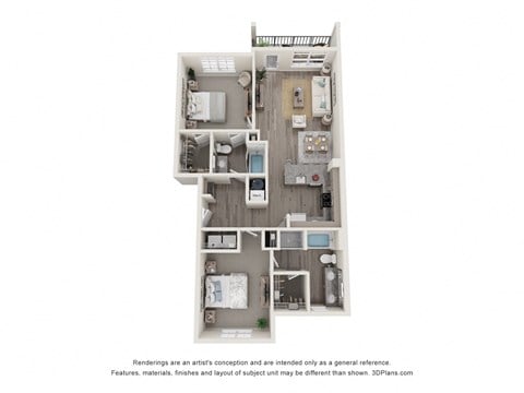 Floor plan for 2 beds, 2 baths, 1117 sqft